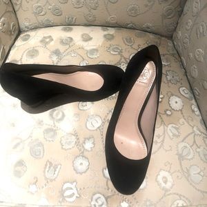 Tory Burch Black Suede Wedges with Gold Accent